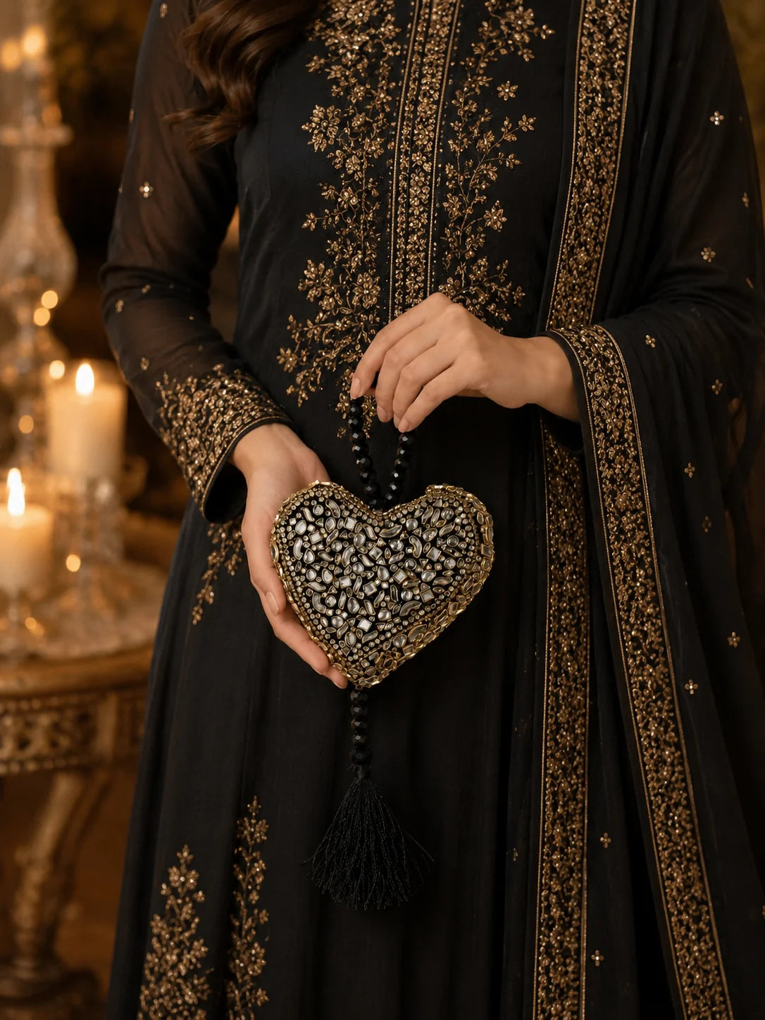 Midnight Royale Kundan Heart Clutch