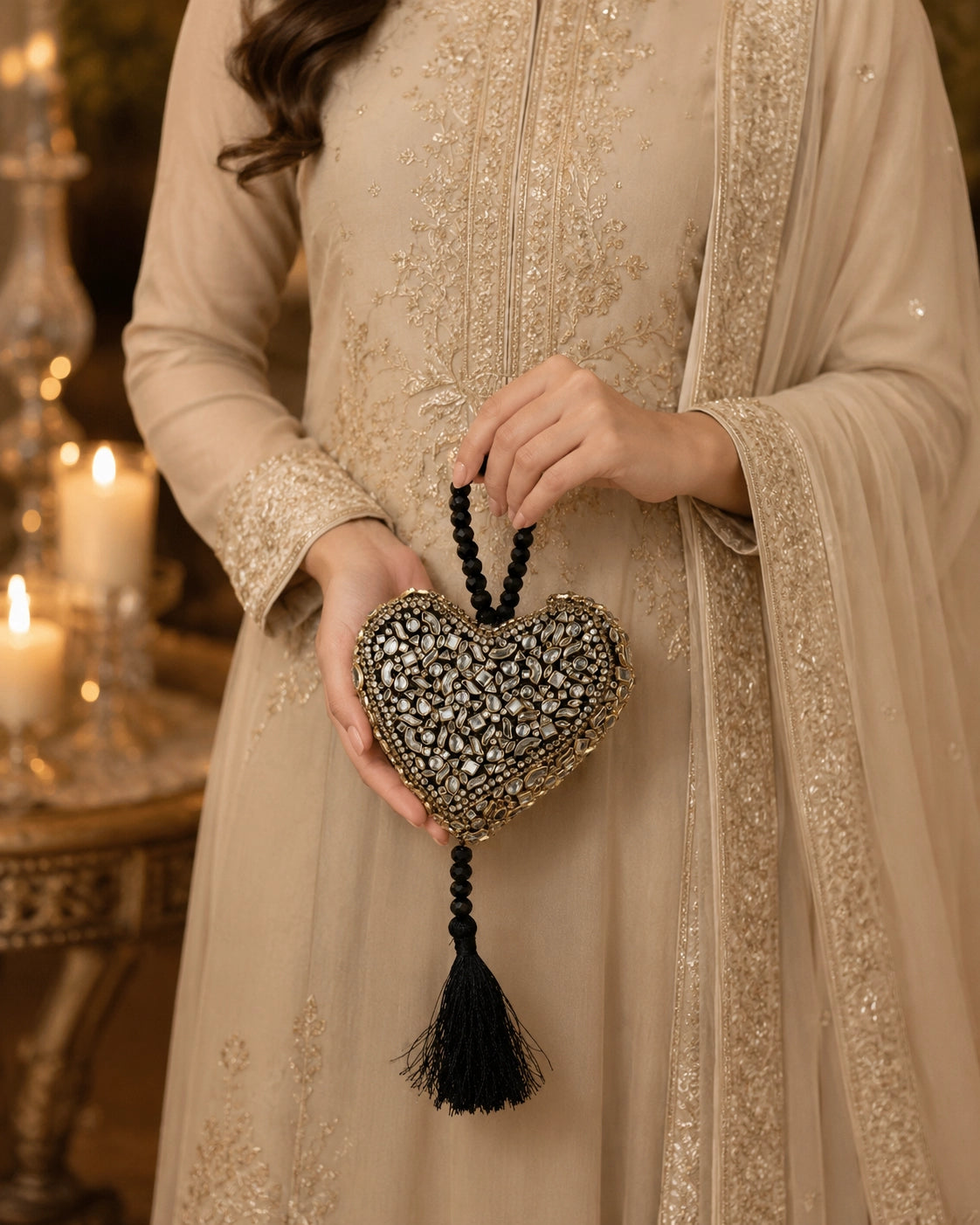 Midnight Royale Kundan Heart Clutch