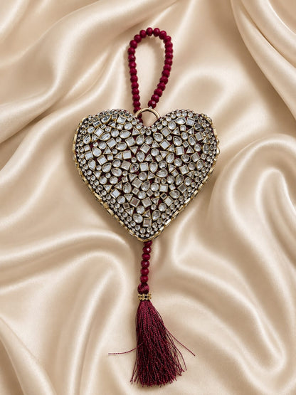 Maroon Royale Kundan Heart Clutch